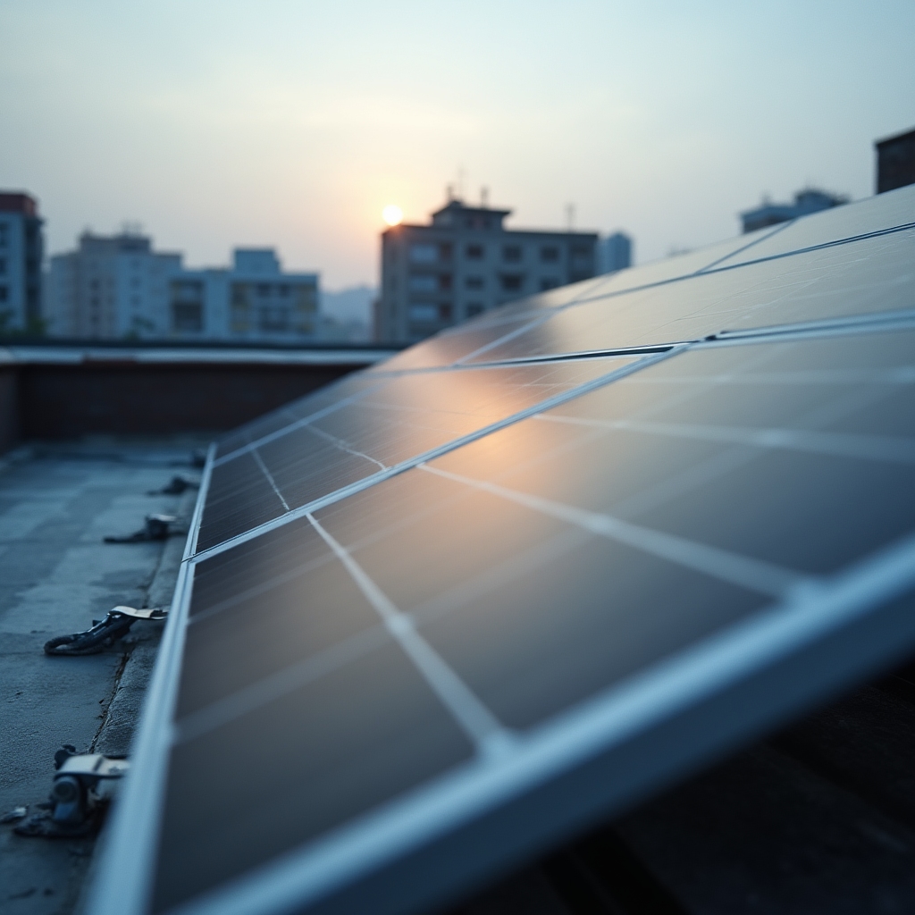 Paneles solares instalados sobre el tejado de una vivienda urbana